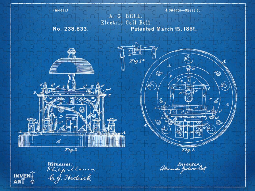 Alexander Graham Bell Jigsaw Puzzle featuring the digital art 1881 Alexander Graham Bell Electric Call Bell Patent Blueprint by Nikki Marie Smith