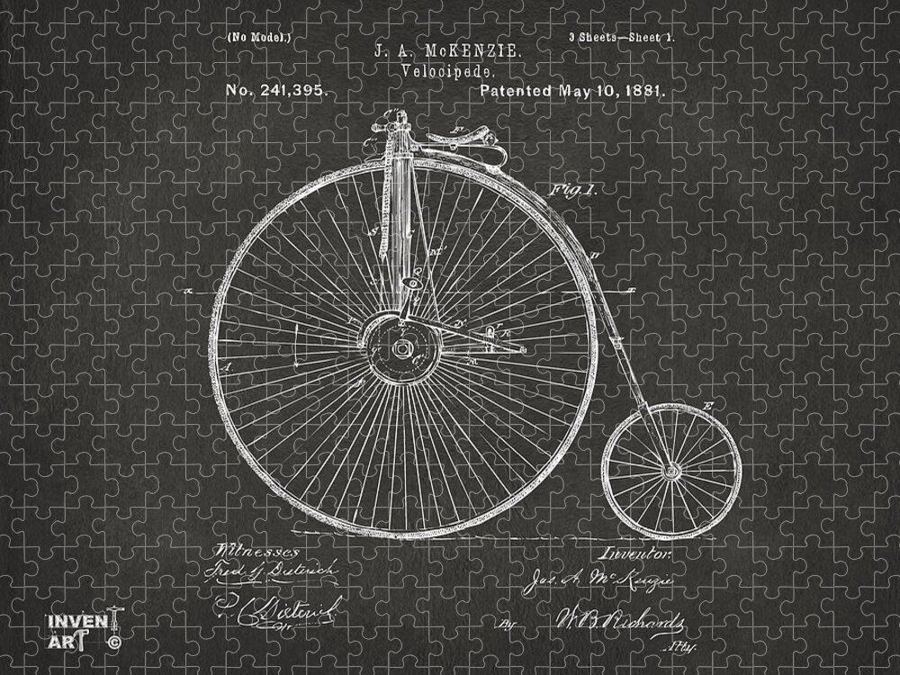 Velocipede Jigsaw Puzzle featuring the digital art 1881 Velocipede Bicycle Patent Artwork - Gray by Nikki Marie Smith