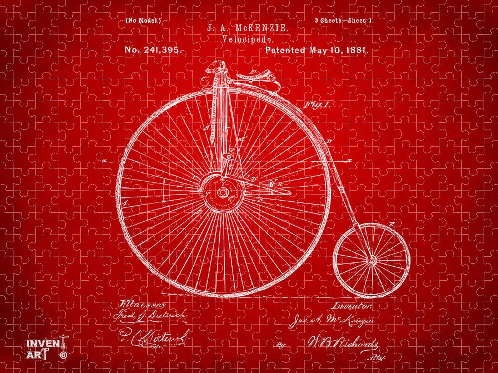 Velocipede Jigsaw Puzzle featuring the digital art 1881 Velocipede Bicycle Patent Artwork - Red by Nikki Marie Smith
