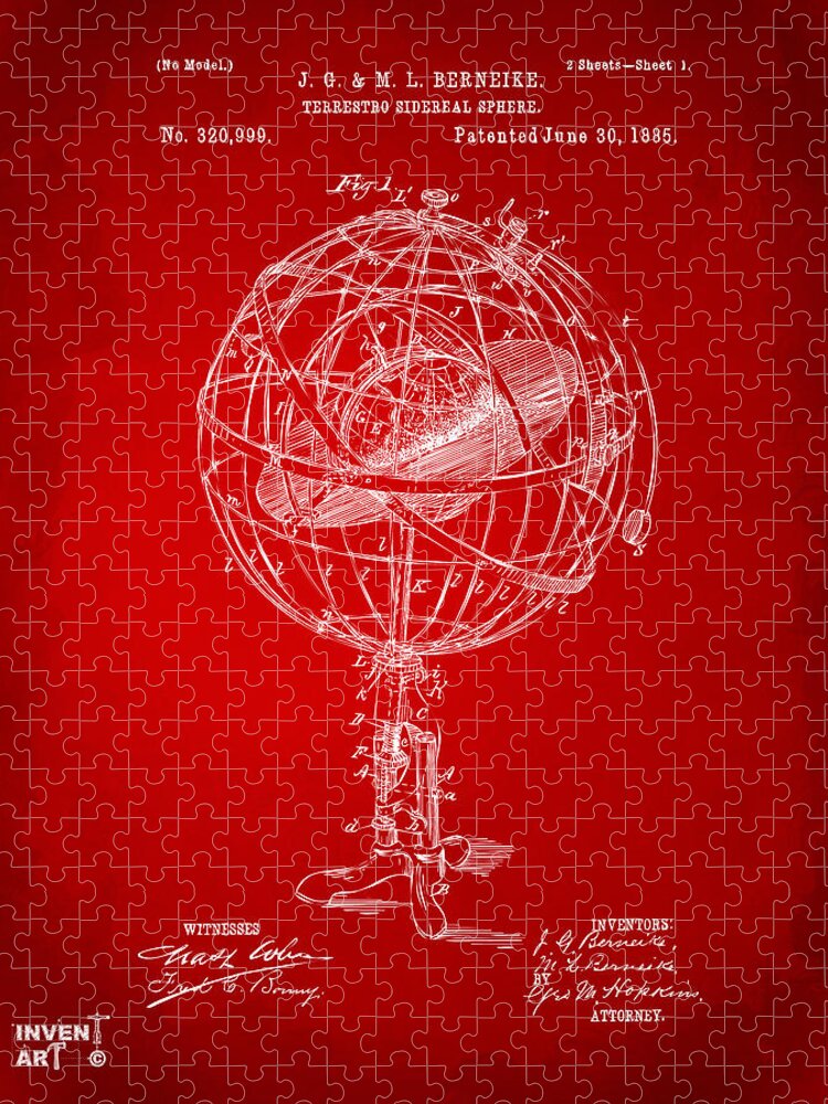 Globe Jigsaw Puzzle featuring the digital art 1885 Terrestro Sidereal Sphere Patent Artwork - Red by Nikki Marie Smith