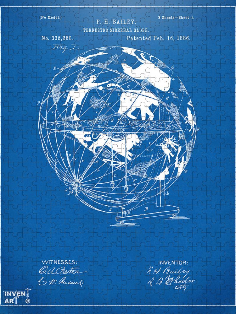 Globe Jigsaw Puzzle featuring the digital art 1886 Terrestro Sidereal Globe Patent Artwork - Blueprint by Nikki Marie Smith