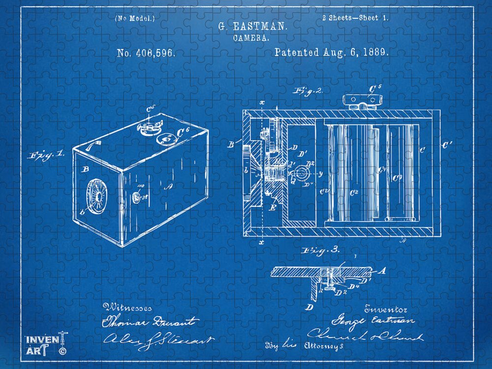 Camera Patent Jigsaw Puzzle featuring the digital art 1889 George Eastman Camera Patent Blueprint by Nikki Marie Smith