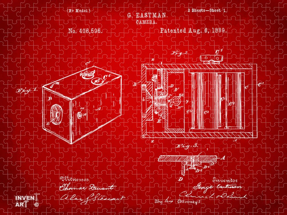 Camera Patent Jigsaw Puzzle featuring the digital art 1889 George Eastman Camera Patent Red by Nikki Marie Smith