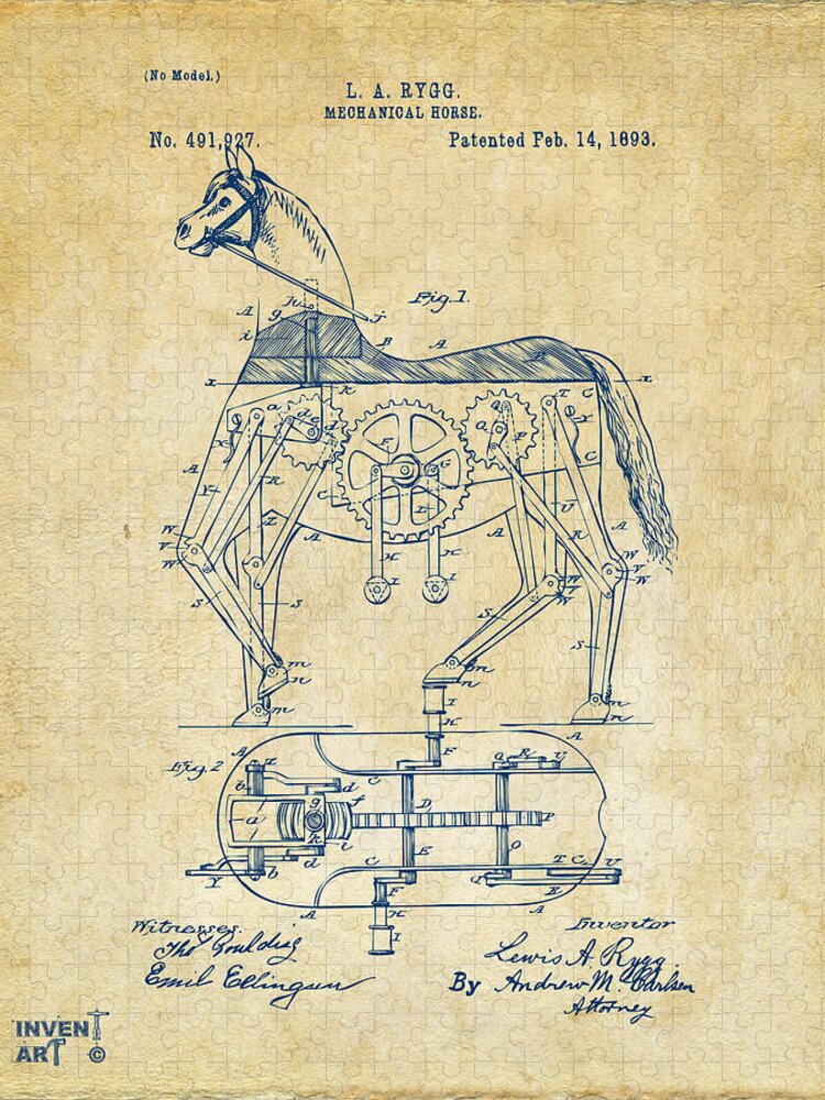 Bicycle Jigsaw Puzzle featuring the digital art 1893 Mechanical Horse Toy Patent Artwork Vintage by Nikki Marie Smith