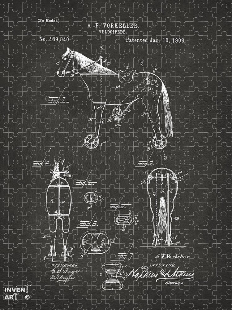 Bicycle Jigsaw Puzzle featuring the digital art 1893 Velocipede Horse-Bike Patent Artwork Gray by Nikki Marie Smith