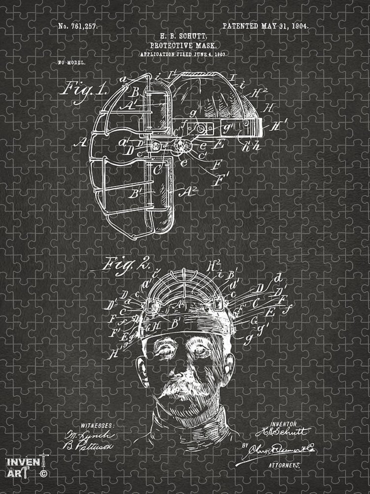 Baseball Jigsaw Puzzle featuring the digital art 1904 Baseball Catchers Mask Patent Artwork - Gray by Nikki Marie Smith