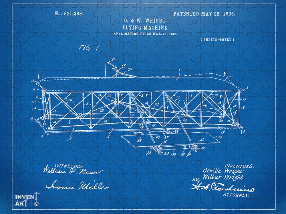 Wright Brothers Jigsaw Puzzle featuring the digital art 1906 Wright Brothers Flying Machine Patent Blueprint by Nikki Marie Smith