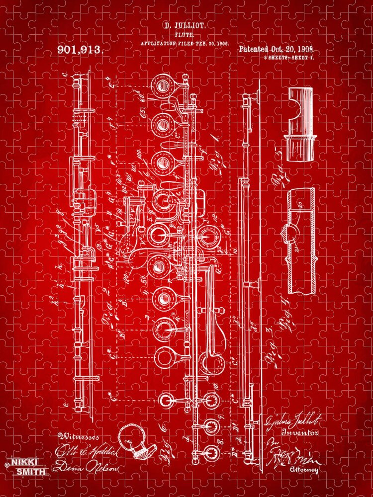 Flute Jigsaw Puzzle featuring the digital art 1908 Flute Patent - Red by Nikki Marie Smith