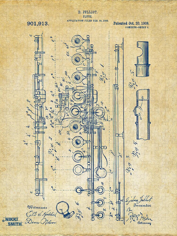 Flute Jigsaw Puzzle featuring the digital art 1908 Flute Patent - Vintage by Nikki Marie Smith