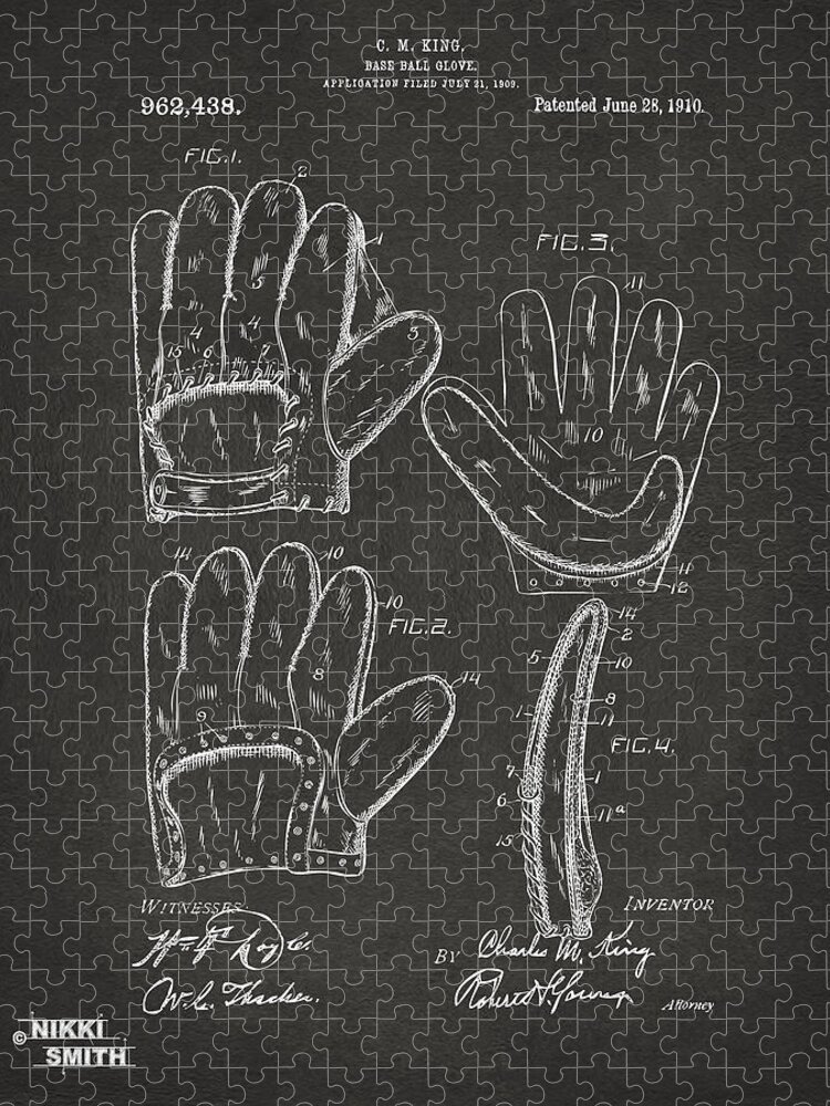 Baseball Jigsaw Puzzle featuring the digital art 1910 Baseball Glove Patent Artwork - Gray by Nikki Marie Smith