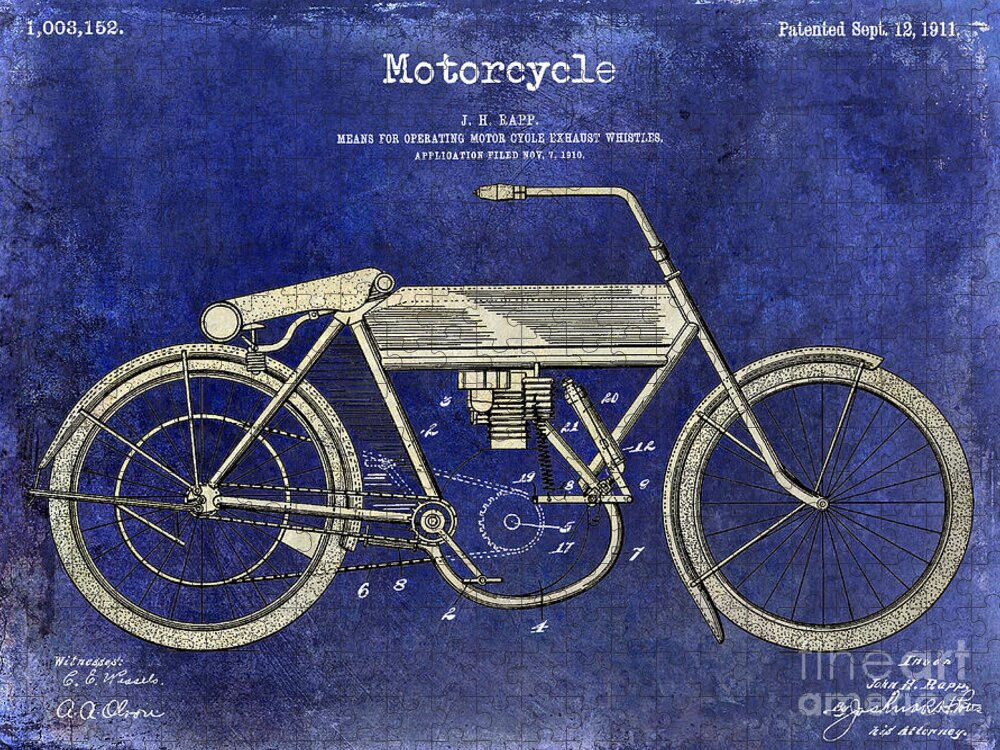 Harley Davidson Patent Drawing Jigsaw Puzzle featuring the photograph 1911 Motorcycle Patent Drawing 2 Tone Blue by Jon Neidert