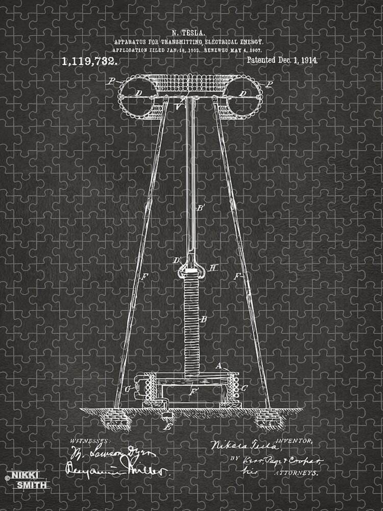 Tesla Jigsaw Puzzle featuring the digital art 1914 Tesla Transmitter Patent Artwork - Gray by Nikki Marie Smith