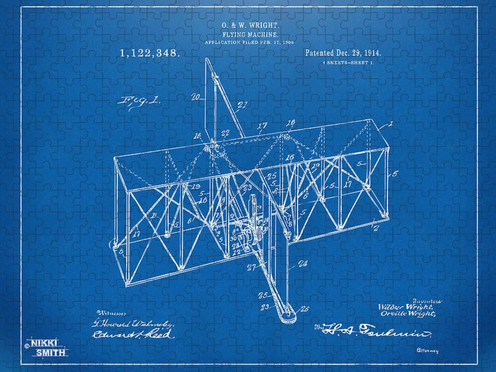 Wright Brothers Jigsaw Puzzle featuring the digital art 1914 Wright Brothers Flying Machine Patent Blueprint by Nikki Marie Smith
