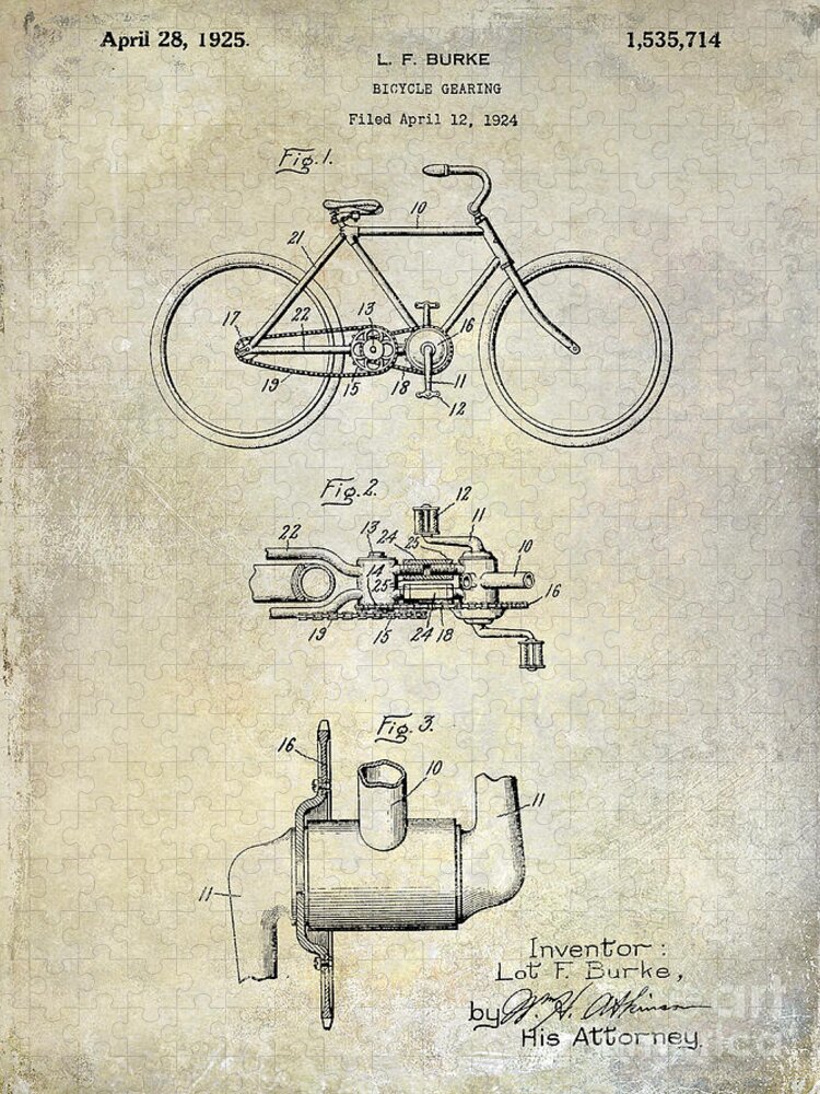 Bicycle Patent Drawing Jigsaw Puzzle featuring the photograph 1924 Bicycle Patent Drawing by Jon Neidert