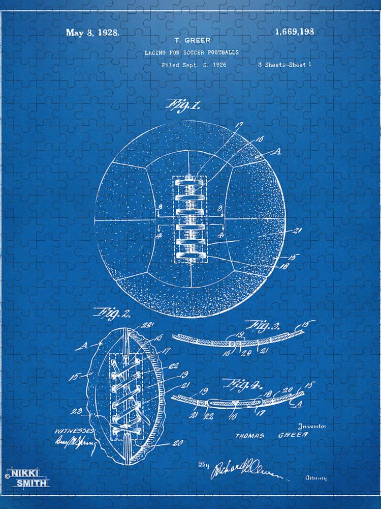 Soccer Jigsaw Puzzle featuring the digital art 1928 Soccer Ball Lacing Patent Artwork - Blueprint by Nikki Marie Smith