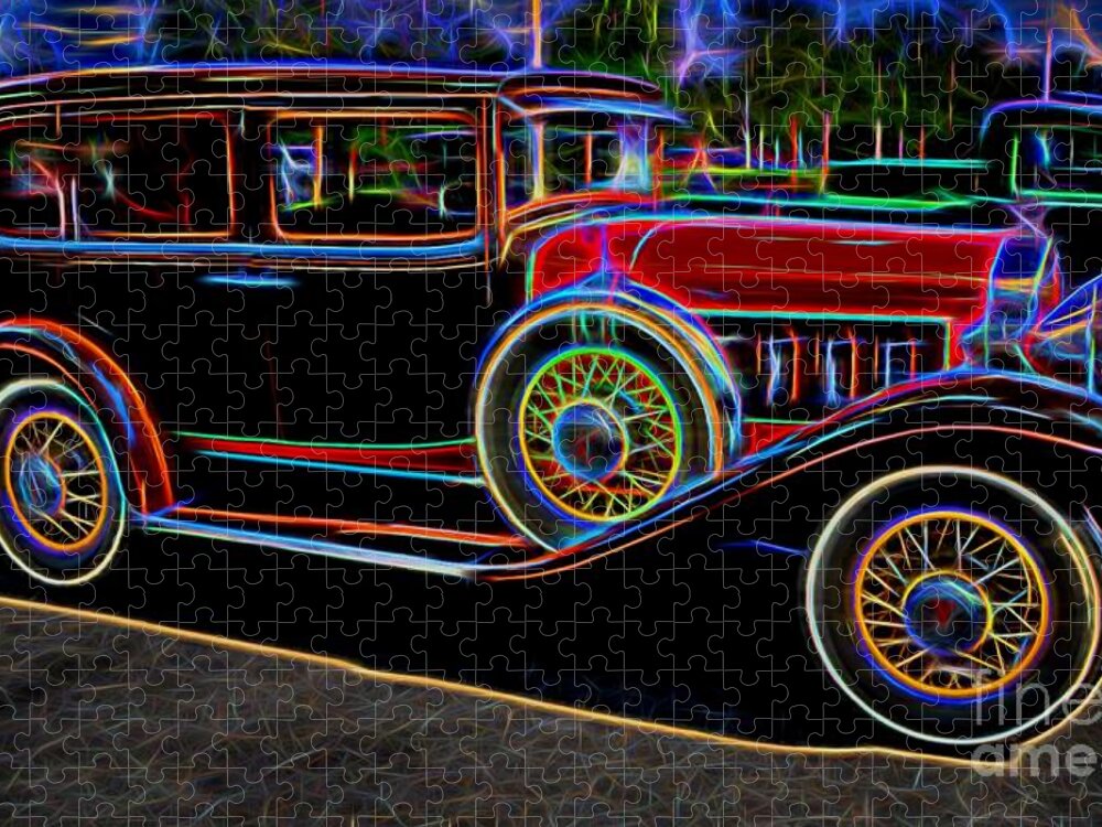 1930 Willys-knight 66 B Sedan Jigsaw Puzzle featuring the photograph 1930 Willys-Knight 66 B Sedan - Neon by Gary Whitton