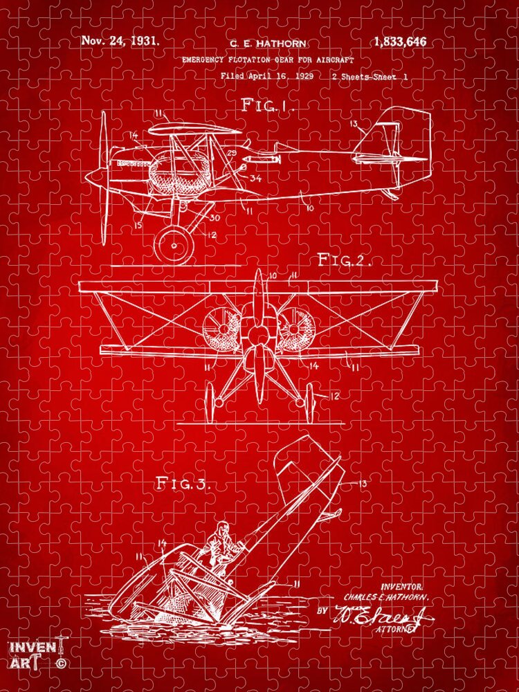 Aircraft Jigsaw Puzzle featuring the digital art 1931 Aircraft Emergency Floatation Patent Red by Nikki Marie Smith