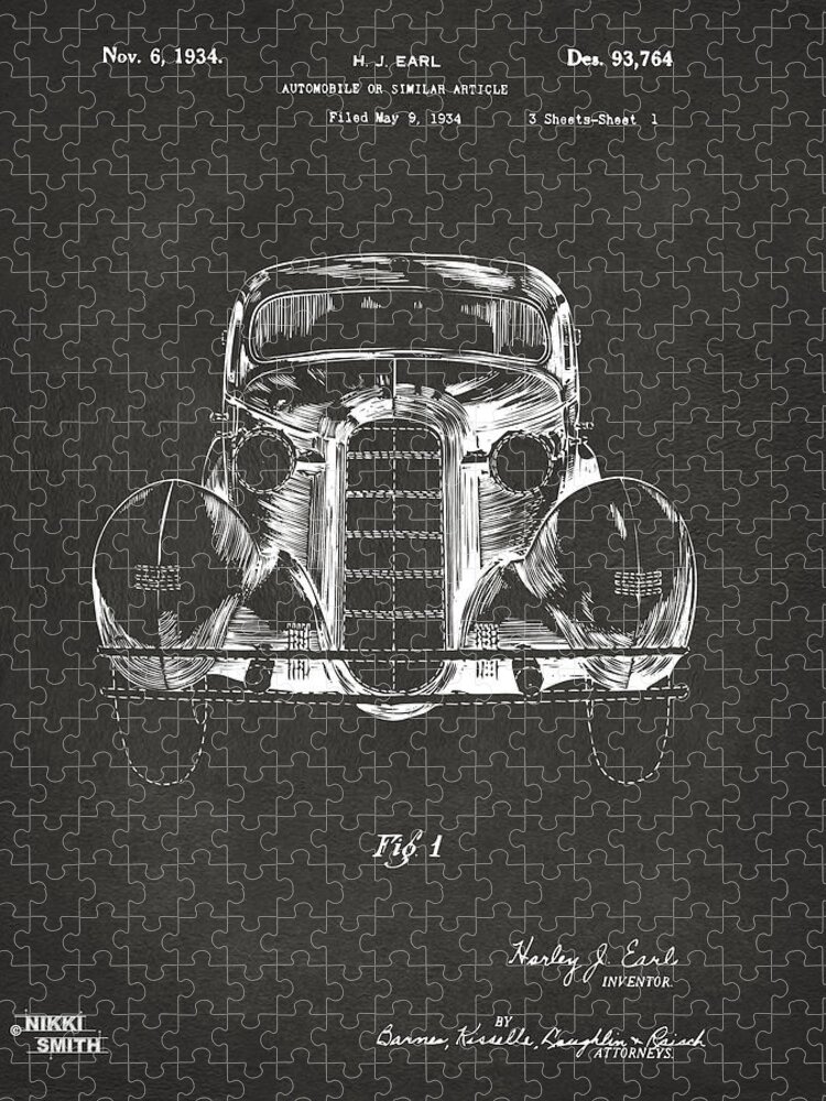 La Salle Jigsaw Puzzle featuring the digital art 1934 La Salle Automobile Patent 1 Artwork - Gray by Nikki Marie Smith