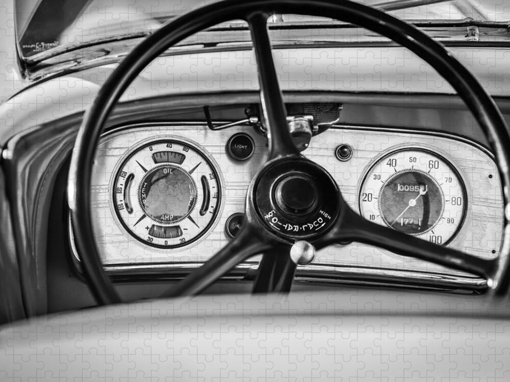 1935 Auburn 851 Supercharged Boattail Speedster Steering Wheel Jigsaw Puzzle featuring the photograph 1935 Auburn 851 Supercharged Boattail Speedster Steering Wheel -0862bw by Jill Reger