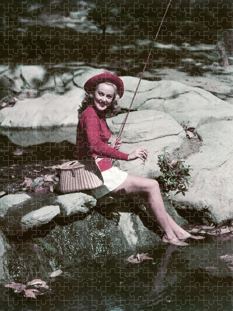 1940s 1950s Smiling Woman Fly Fishing Jigsaw Puzzle