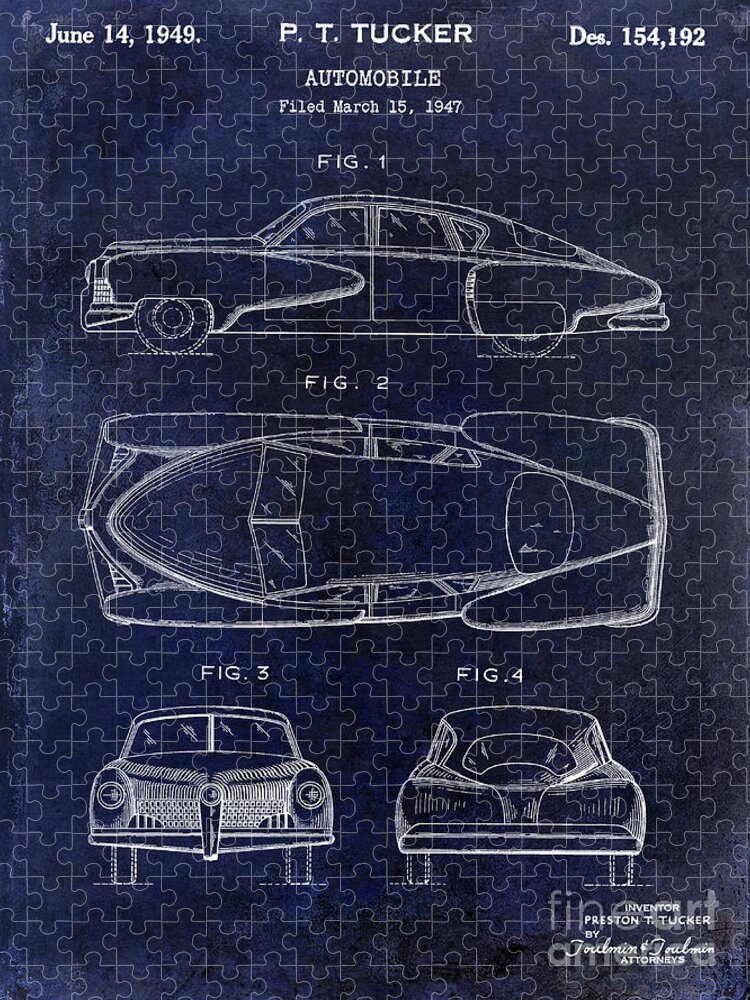 Patent Drawing Jigsaw Puzzle featuring the photograph 1949 Tucker Automobile Patent Drawing Blue by Jon Neidert