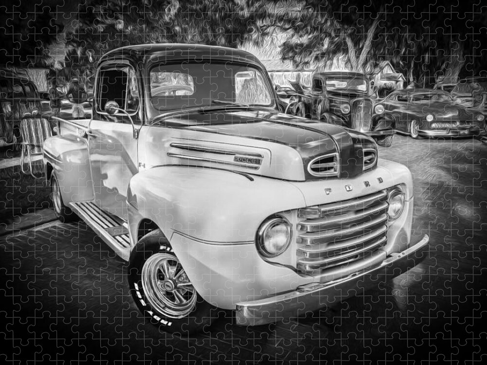 1950 Ford Truck Jigsaw Puzzle featuring the photograph 1950 Ford Pick Up Truck F100 BW by Rich Franco