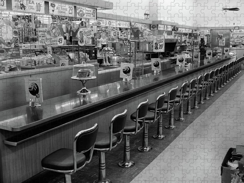 Photography Jigsaw Puzzle featuring the photograph 1950s 1960s Interior Of Lunch Counter by Vintage Images