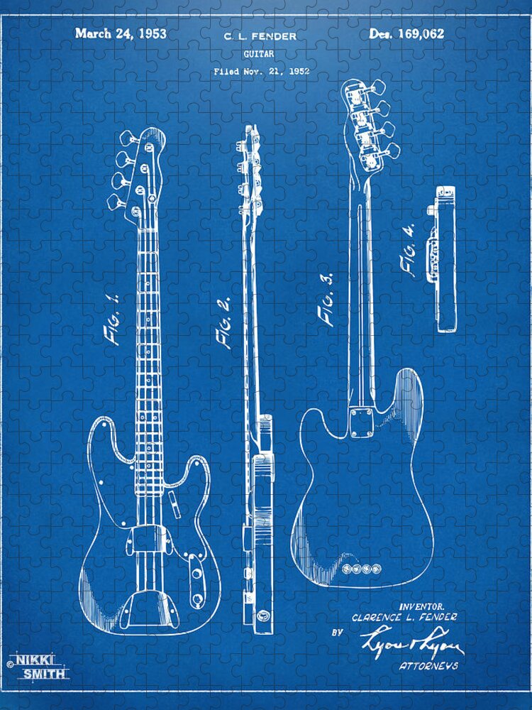 Fender Guitar Jigsaw Puzzle featuring the drawing 1953 Fender Bass Guitar Patent Artwork - Blueprint by Nikki Marie Smith