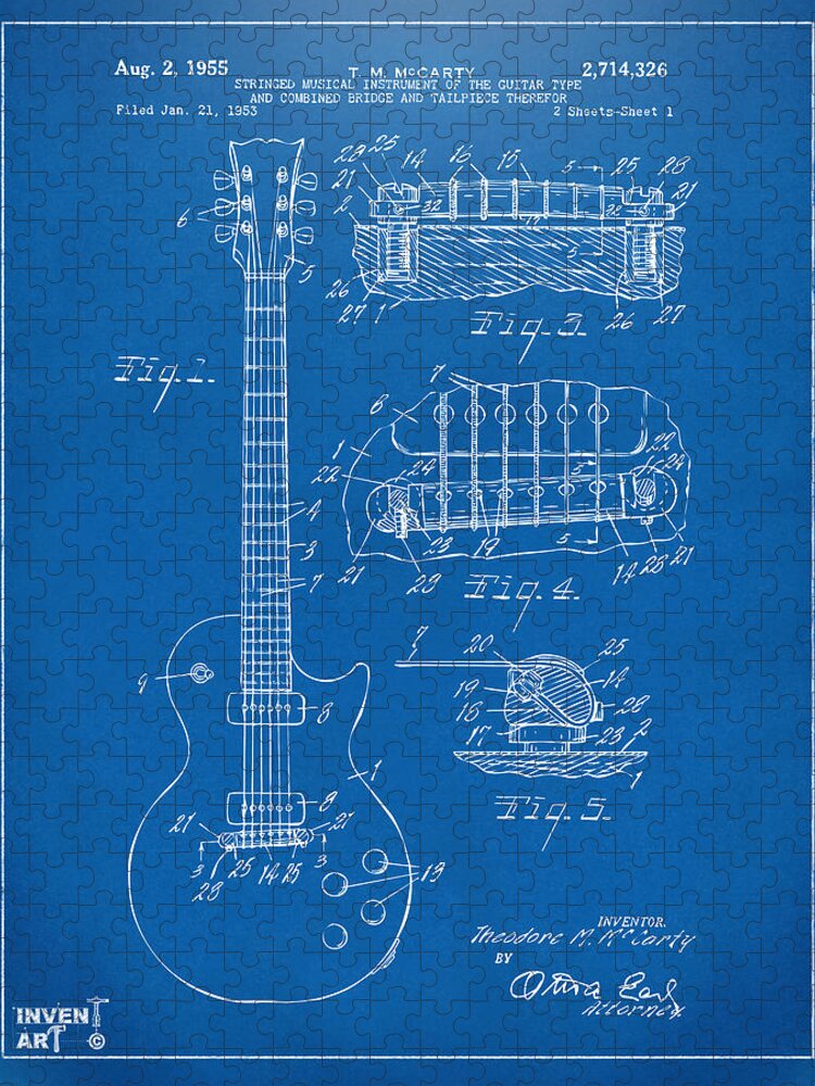Guitar Jigsaw Puzzle featuring the digital art 1955 McCarty Gibson Les Paul Guitar Patent Artwork Blueprint by Nikki Marie Smith