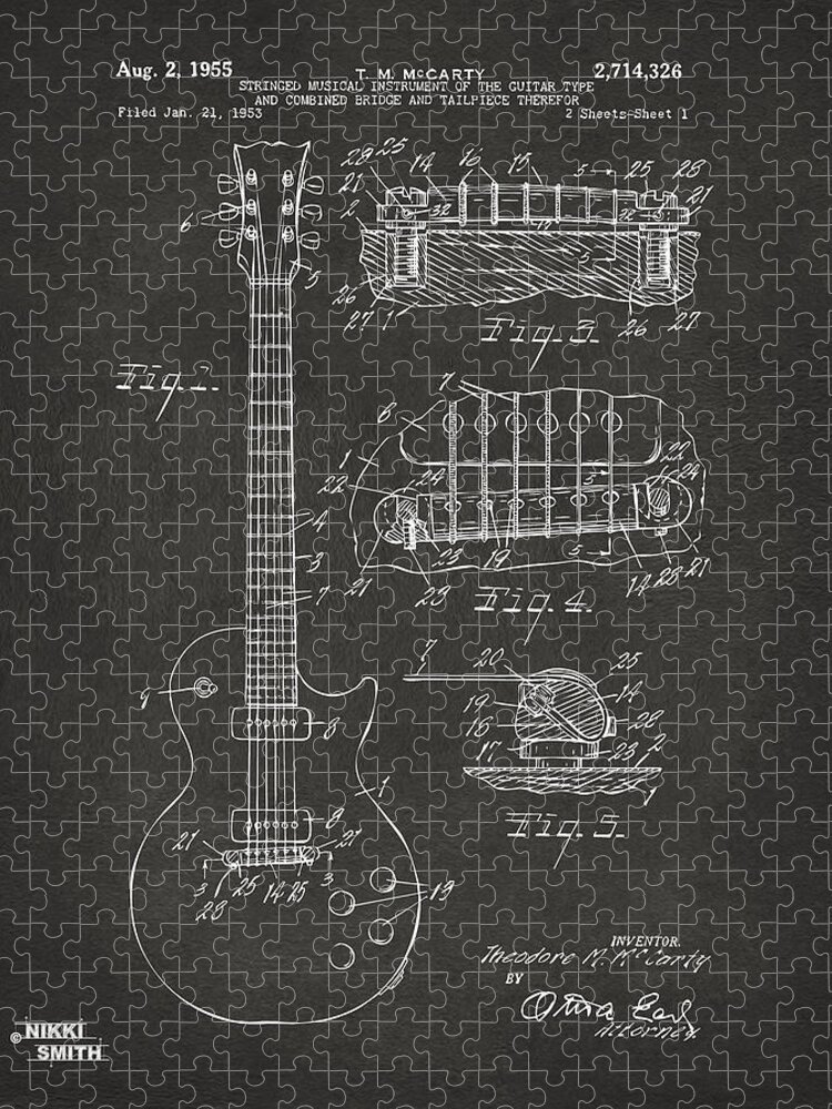 Guitar Jigsaw Puzzle featuring the digital art 1955 McCarty Gibson Les Paul Guitar Patent Artwork - Gray by Nikki Marie Smith