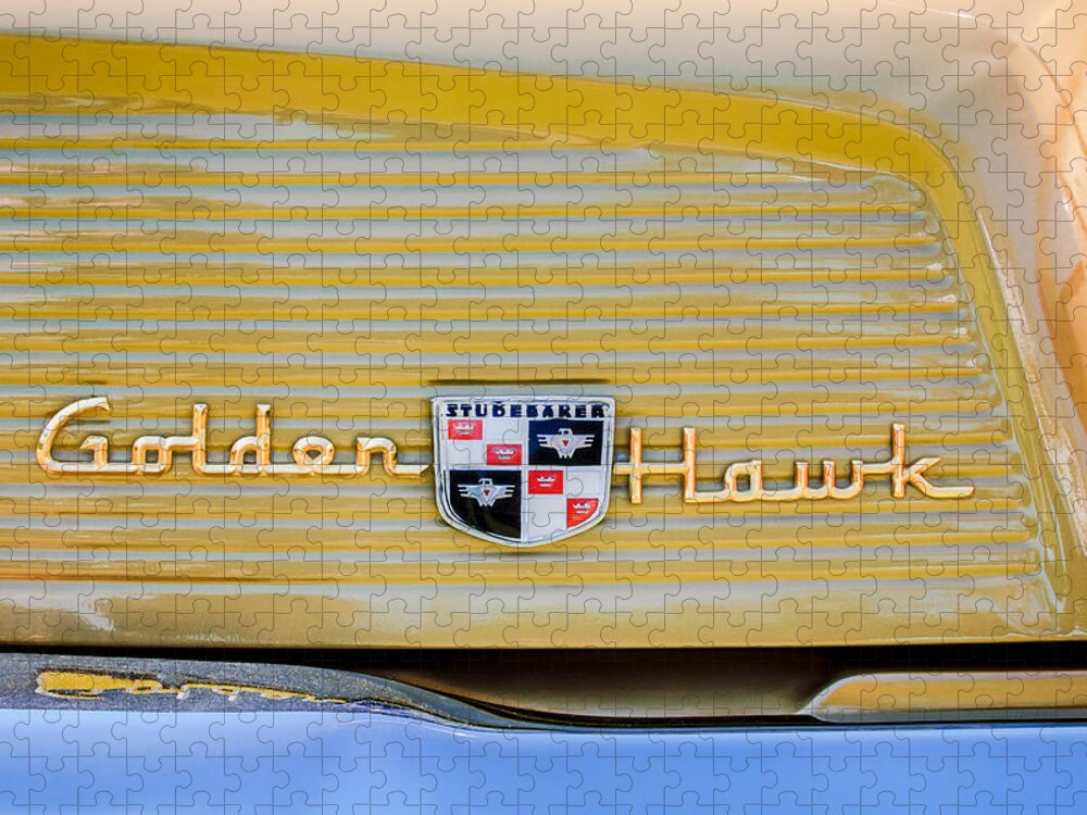 1957 Studebaker Golden Hawk Hardtop Emblem Jigsaw Puzzle featuring the photograph 1957 Studebaker Golden Hawk Hardtop Emblem - 2948c by Jill Reger