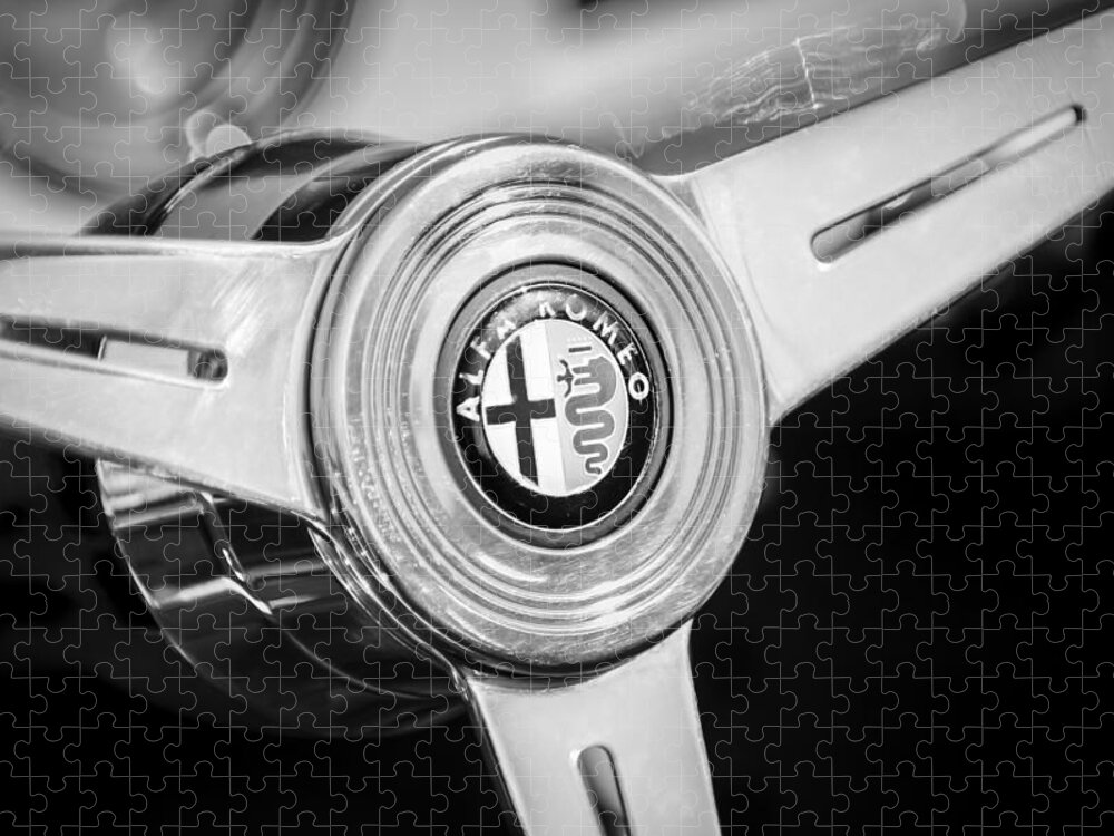 1958 Alfa Romeo Giulietta Spider Steering Wheel Emblem Jigsaw Puzzle featuring the photograph 1958 Alfa Romeo Giulietta Spider Steering Wheel -0191bw by Jill Reger