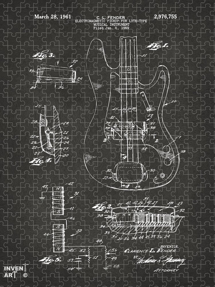 Guitar Jigsaw Puzzle featuring the digital art 1961 Fender Guitar Patent Artwork - Gray by Nikki Marie Smith
