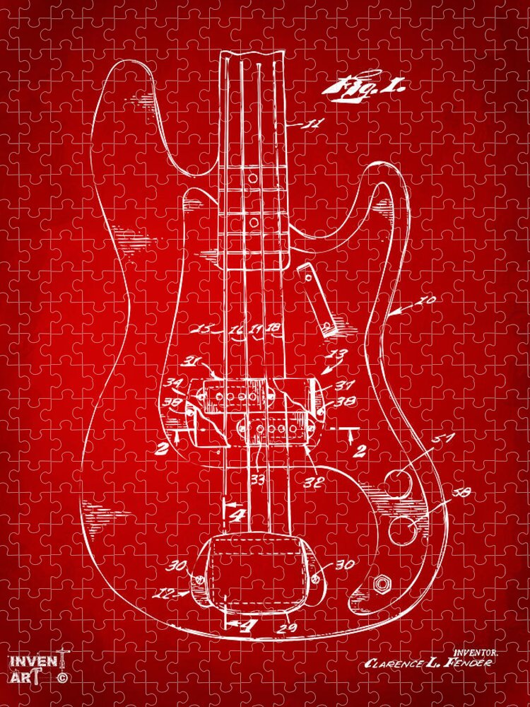 Guitar Jigsaw Puzzle featuring the digital art 1961 Fender Guitar Patent Minimal - Red by Nikki Marie Smith