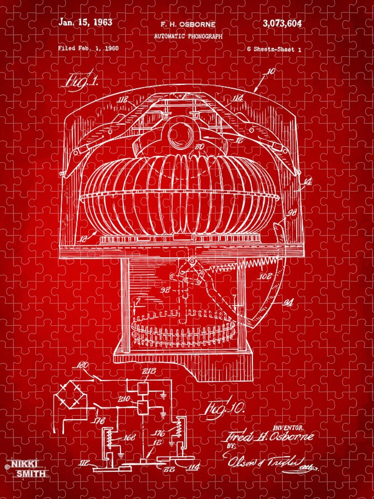 Jukebox Jigsaw Puzzle featuring the drawing 1963 Jukebox Patent Artwork - Red by Nikki Marie Smith