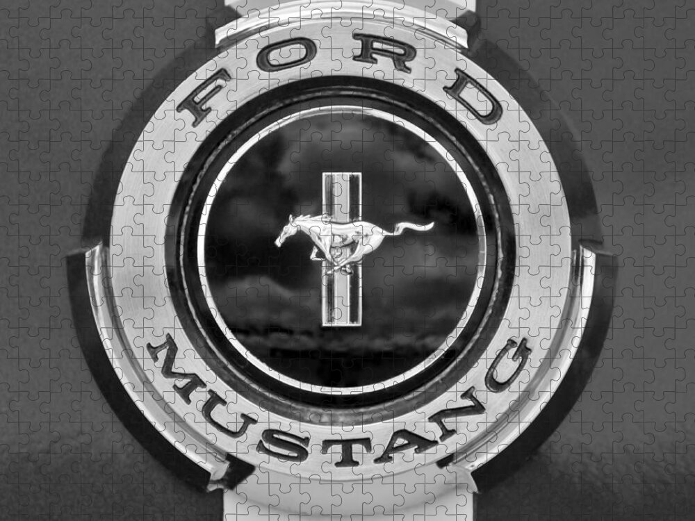 1966 Ford Mustang Jigsaw Puzzle featuring the photograph 1966 Ford Mustang Shelby Gt 350 Emblem Gas Cap -0295BW by Jill Reger