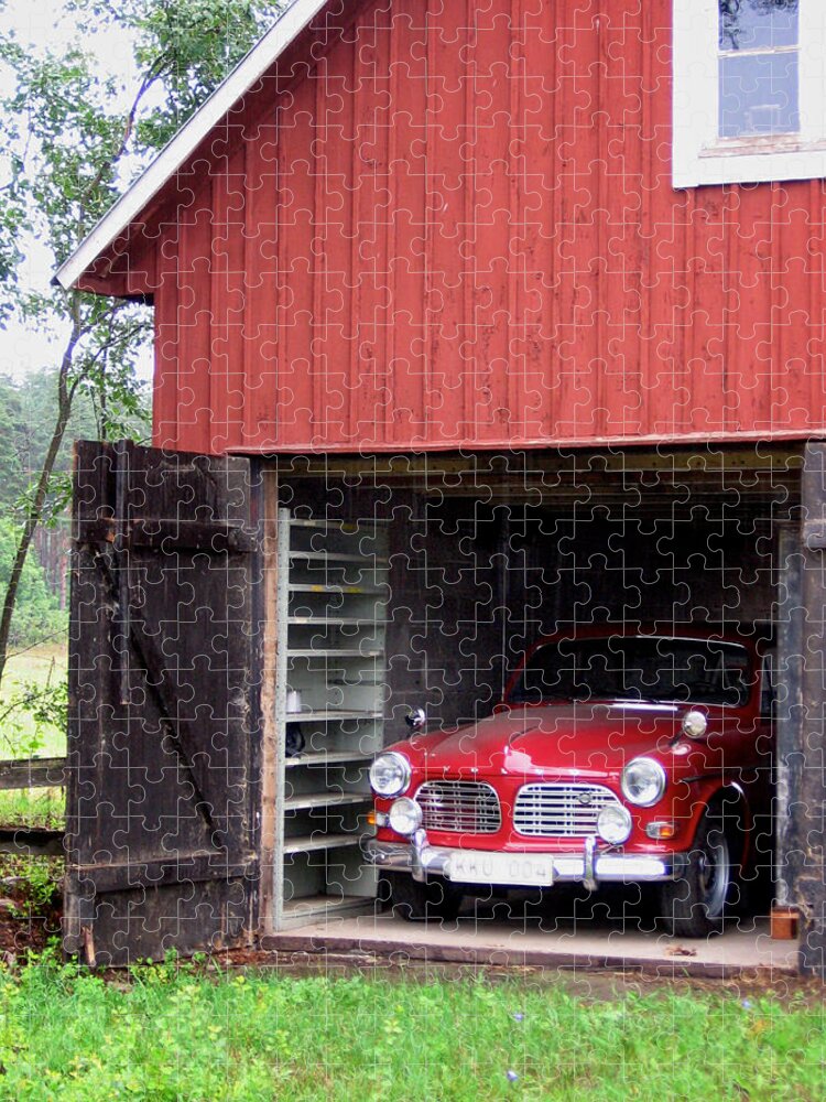 Dereske Jigsaw Puzzle featuring the photograph 1967 Volvo in Red Sweden Barn by Mary Lee Dereske