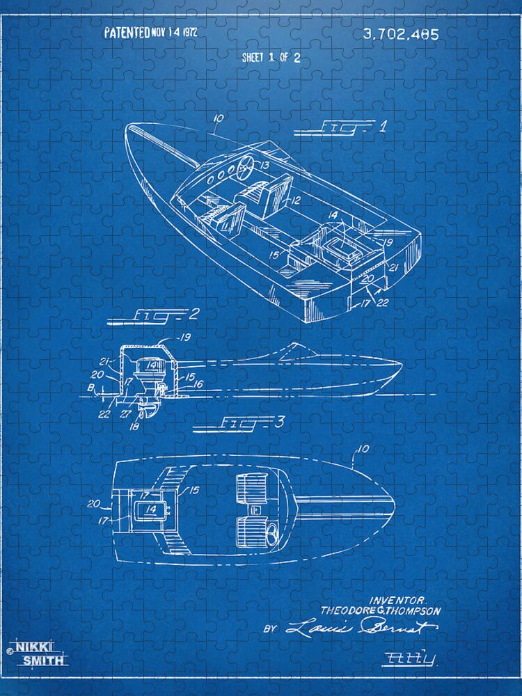 Chris Craft Jigsaw Puzzle featuring the digital art 1972 Chris Craft Boat Patent Blueprint by Nikki Marie Smith