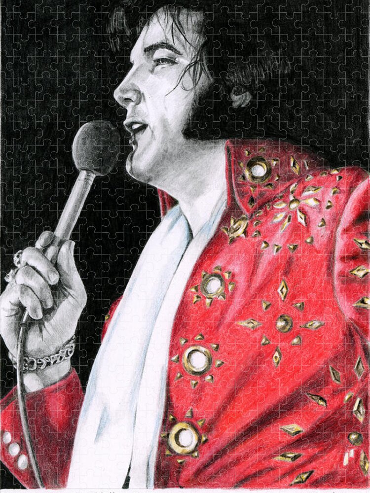 Elvis Jigsaw Puzzle featuring the drawing 1972 Red Pinwheel Suit by Rob De Vries