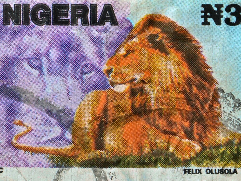 1993 Jigsaw Puzzle featuring the photograph 1993 Nigerian Lion Stamp by Bill Owen