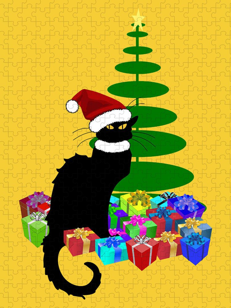 Le Chat Noir Jigsaw Puzzle featuring the mixed media Christmas Le Chat Noir With Santa Hat #2 by Gravityx9  Designs