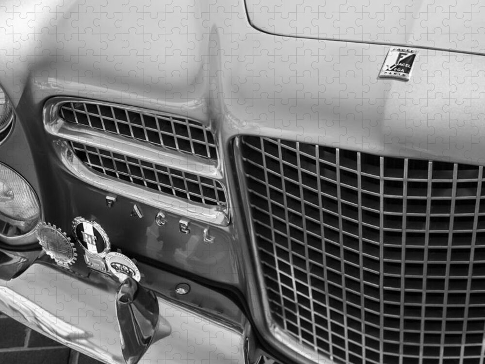 1958 Facel Vega Fvs Series 4 Sport Coupe Grille Emblem Jigsaw Puzzle featuring the photograph 1958 Facel Vega Fvs Series 4 Sport Coupe Grille Emblem -0121BW by Jill Reger