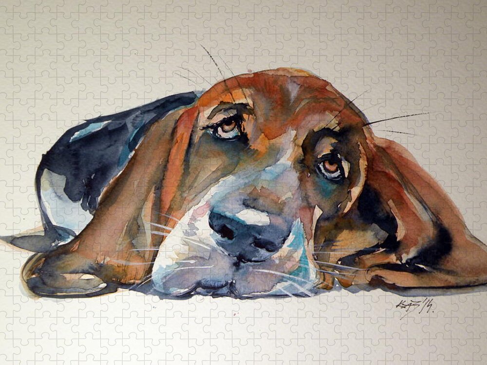 Dog Jigsaw Puzzle featuring the painting Basset hound #3 by Kovacs Anna Brigitta