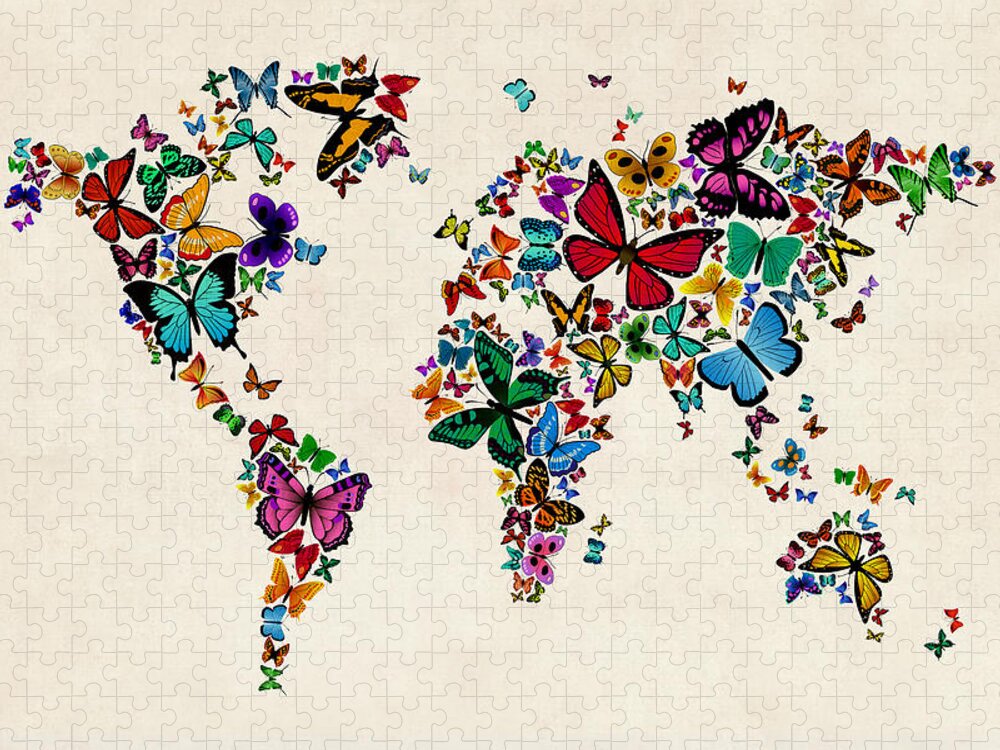 World Map Jigsaw Puzzle featuring the digital art Butterflies Map of the World by Michael Tompsett