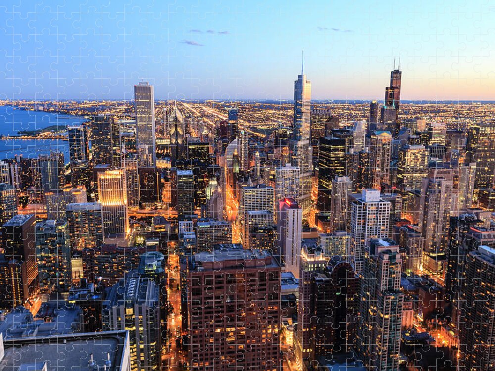 Lake Michigan Jigsaw Puzzle featuring the photograph Chicago Cityscape At Sunset #2 by Fraser Hall