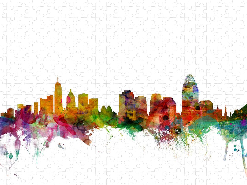 United States Jigsaw Puzzle featuring the digital art Cincinnati Ohio Skyline #2 by Michael Tompsett