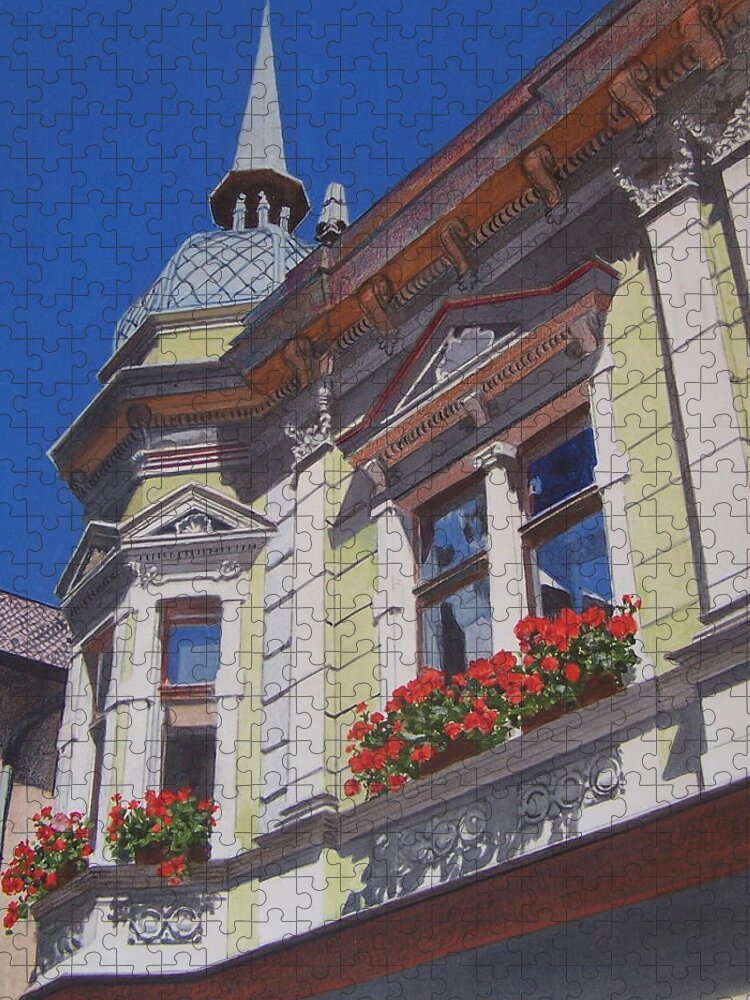 Blue Jigsaw Puzzle featuring the mixed media Geraniums by Constance Drescher