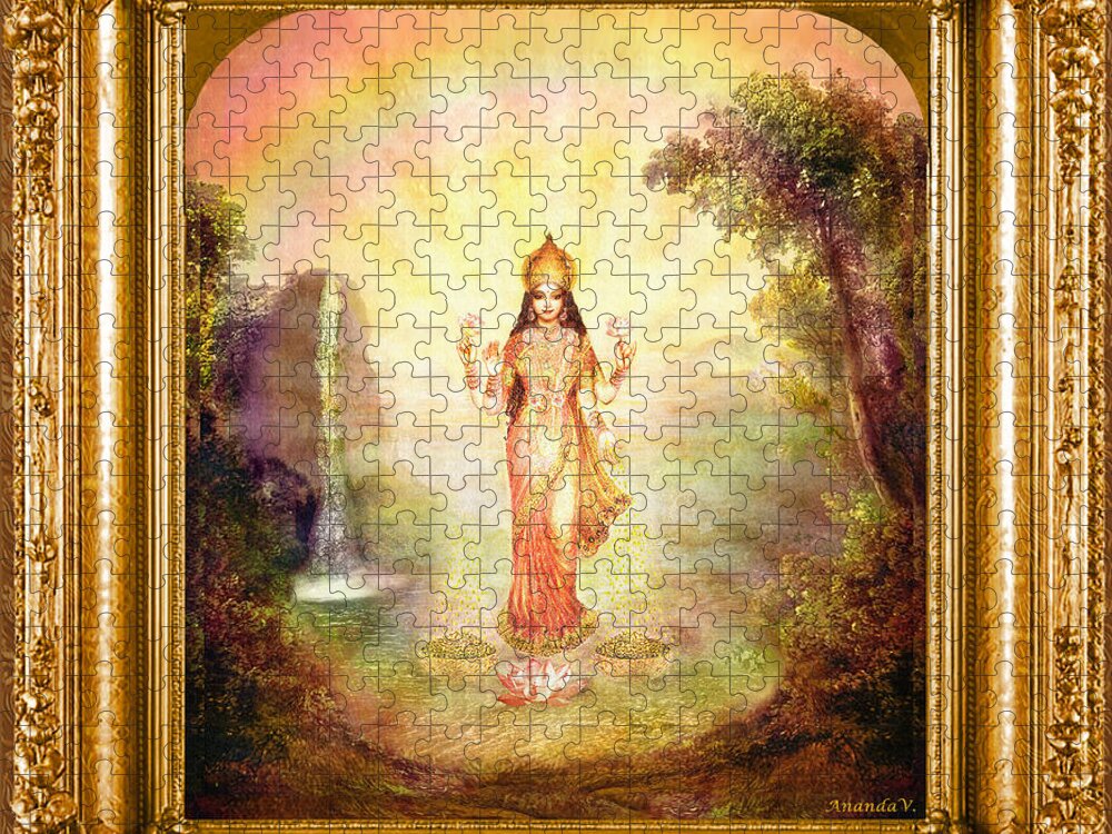 Goddess Painting Jigsaw Puzzle featuring the mixed media Lakshmi with the Waterfall #3 by Ananda Vdovic