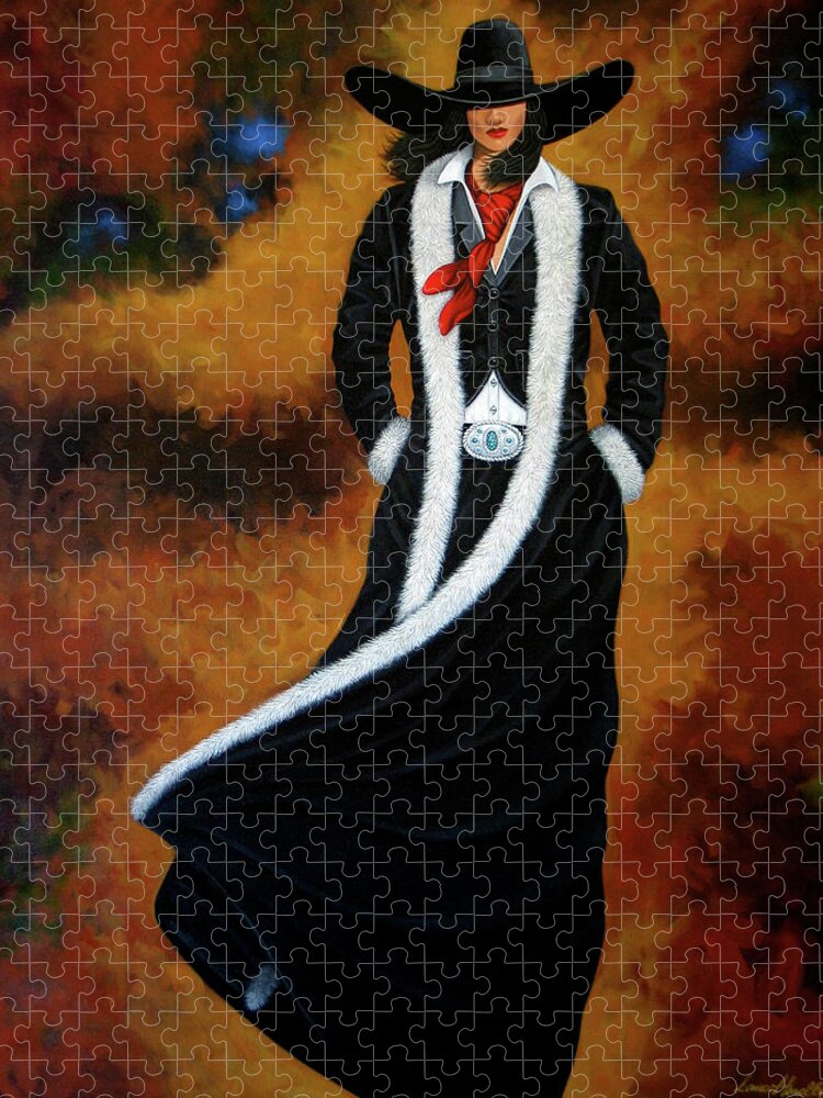 New West Jigsaw Puzzle featuring the painting Leather and Fur by Lance Headlee