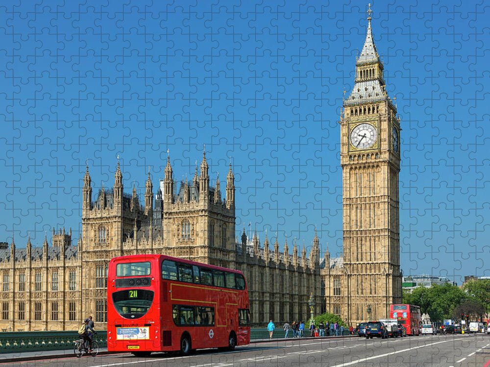 Clock Tower Jigsaw Puzzle featuring the photograph London, Big Ben And Traffic On by Sylvain Sonnet